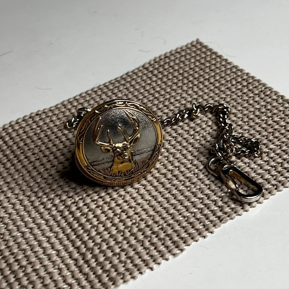 Phillip Crowe Majestic Watch Co Pocket Watch Deer Buck Two Tone Quartz Chain